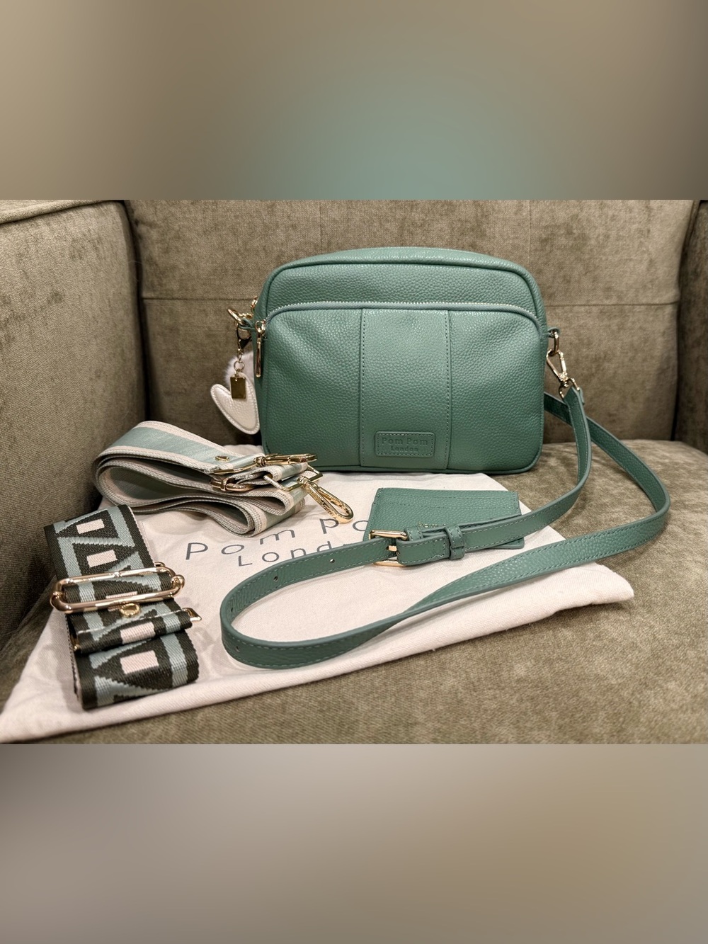 Pom Pom London Original Plus Leather Crossbody Bag in Moss Green